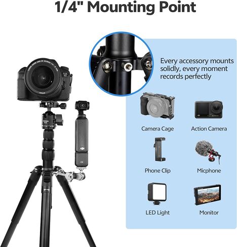 TONYBOO Mini Tripod for Camera, 51.6" Portable Travel Tripod with Fully Detachable Design, Heavy Duty 11lbs Load Capacity, 6-Section Compact Tripod with 1/4" Mount for DSLR,Action Camera,Vlogging in Kuwait