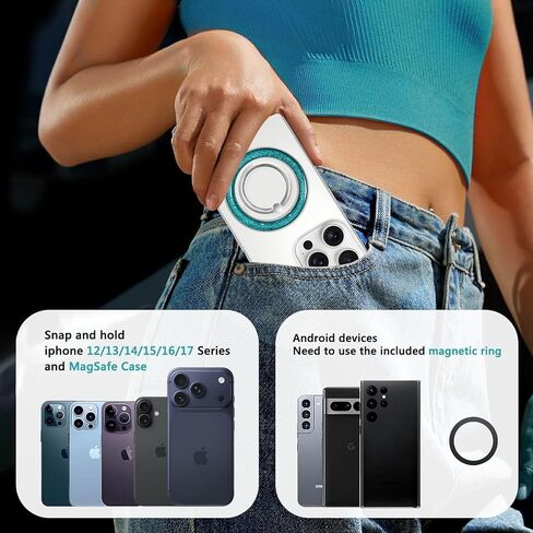 Magnetic Phone Ring for MagSafe,Phone Grip Kickstand,Ring Holder Stand Compatible with iPhone 17 16 15 14 13 12 Pro Max Plus and Phone Case - Blue Transparent Glitter in Saudi Arabia