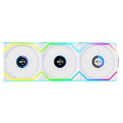 Lian Li UNI FAN SL مروحة كمبيوتر LCD لاسلكية مقاس 120 مم RGB - 3 عبوات من مراوح كمبيوتر الألعاب ذات الشفرات العكسية باللون الأبيض | مروحة PWM - 40 مصباح LED ARGB - ما يصل إلى 1900 دورة في الدقيقة - نظام فتحة - تدفق هواء عالي - اهتزاز منخفض - هادئ in Kuwait