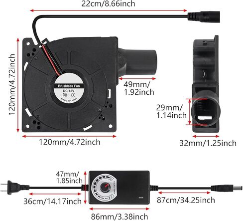 120mm x 32mm Dual Ball Blower Fan 12V with 110v - 240v AC Plug Variable Speed Controller - High Velocity Squirrel Cage Fans for DIY Cooling Projects, BBQ, Drum Smoker in Kuwait