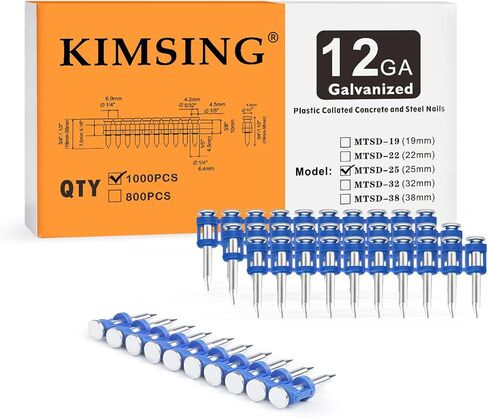 KIMSING MTSD-25 12 Gauge 1 Inch X .109 Inch Smooth Shank Plastic Collated Concrete and Steel Drive Pin Mechanical Galvanized for Gas Power Concrete and Steel Nailer 1000 PCS/Box (1 Box) in Saudi Arabia