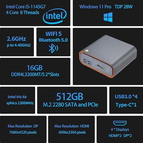 جهاز كمبيوتر صغير 11th Core i5-1145G7(4.4 جيجا هرتز) نظام مثبت مسبقًا، كمبيوتر صغير 16 جيجا DDR4 512 جيجا SSD، أربع شاشات/8K/Wi-Fi5/BT4.2/HD/USB3.0، كمبيوتر مكتبي صغير in Kuwait