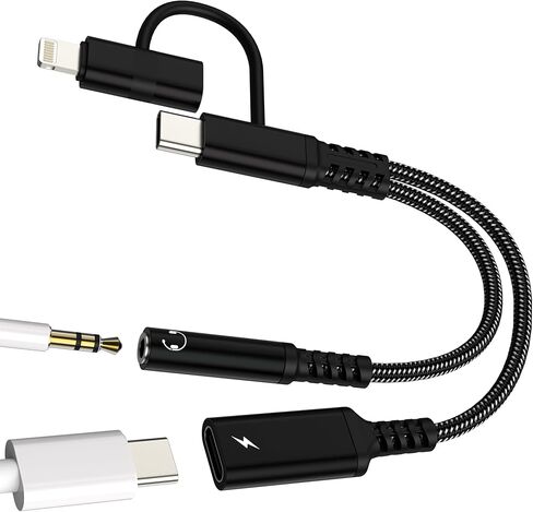 محول مقبس سماعة الرأس USB C Lightning إلى 3.5 مم (2 في 2) لهاتف Iphone 17 16 15 14 كابل صوت Aux لشاحن Apple Splitter Dongle نوع C سلك شحن السيارة لجهاز Ipad Dual الإضاءة المتوافقة مع Samsung in Kuwait
