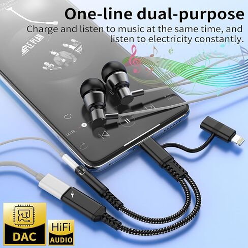 محول مقبس سماعة الرأس USB C Lightning إلى 3.5 مم (2 في 2) لهاتف Iphone 17 16 15 14 كابل صوت Aux لشاحن Apple Splitter Dongle نوع C سلك شحن السيارة لجهاز Ipad Dual الإضاءة المتوافقة مع Samsung in Kuwait