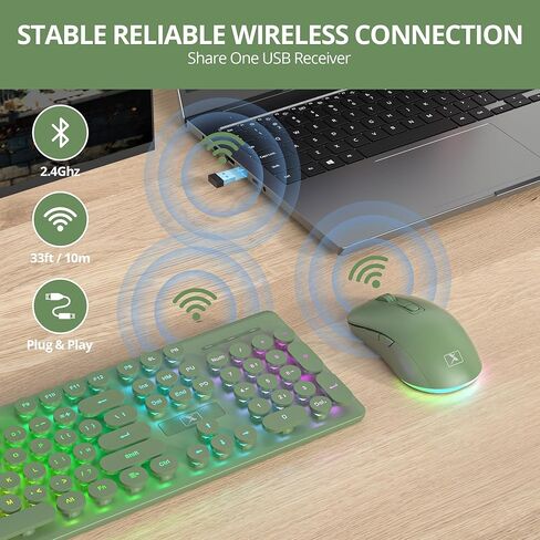Backlit Wireless Keyboard and Mouse Green, Quiet Typewriter Keyboard with Round Keys, Rechargeable & Light Up Letters, Full-Size, 2.4GHz Home and Office Keyboard and Mouse Combo (Dark Green) in Saudi Arabia
