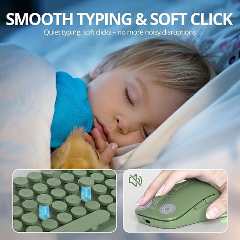 لوحة مفاتيح وماوس لاسلكي بإضاءة خلفية باللون الأخضر، لوحة مفاتيح آلة كاتبة هادئة مع مفاتيح دائرية، حروف قابلة للشحن ومضيئة، حجم كامل، لوحة مفاتيح وماوس للمنزل والمكتب بسرعة 2.4 جيجا هرتز (أخضر داكن) in Kuwait