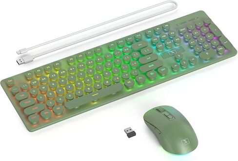 Backlit Wireless Keyboard and Mouse Green, Quiet Typewriter Keyboard with Round Keys, Rechargeable & Light Up Letters, Full-Size, 2.4GHz Home and Office Keyboard and Mouse Combo (Dark Green) in Saudi Arabia