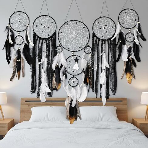 Dream Catchers Boho Wall Decor Moon and Sun Feather اليدوية التقليدية حلم الماسك الجدار شنقا ديكور للأطفال غرفة نوم الكبار غرفة المعيشة ديكورات المنزل البوهيمي (مجموعة رمادية) in Kuwait