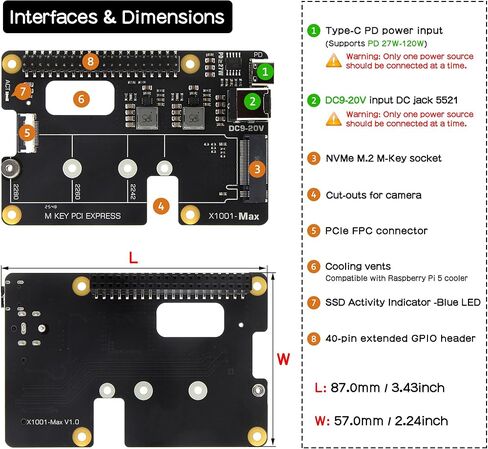Geekworm X1001-Max PCIe 3.0 M.2 NVMe HAT for Raspberry Pi 5, Dual 120W PD/DC 9-20V 8A Power Input, Supports AI Accelerator & Large Capacity SSD in Kuwait