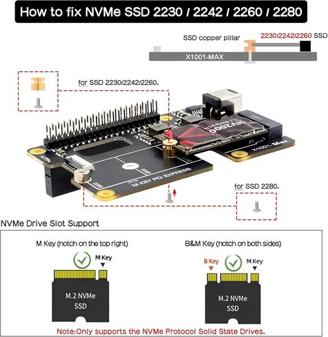 Geekworm X1001-Max PCIe 3.0 M.2 NVMe HAT for Raspberry Pi 5, Dual 120W PD/DC 9-20V 8A Power Input, Supports AI Accelerator & Large Capacity SSD in Kuwait