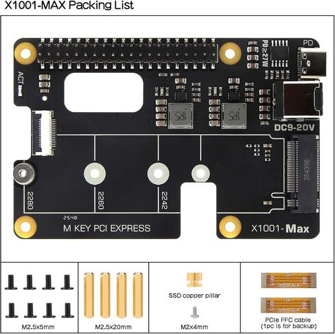 Geekworm X1001-Max PCIe 3.0 M.2 NVMe HAT for Raspberry Pi 5, Dual 120W PD/DC 9-20V 8A Power Input, Supports AI Accelerator & Large Capacity SSD in Kuwait