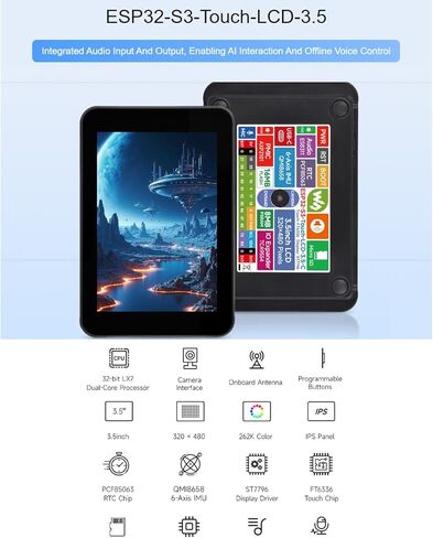 Waveshare ESP32-S3 لوحة تطوير شاشة تعمل باللمس بالسعة 3.5 بوصة مع حافظة، 320 × 480 بكسل 262 ألف لون IPS لوحة عرض تدعم Wi-Fi وBLE 5 in Kuwait