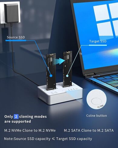 AOKO M.2 NVMe & SATA SSD Cloner,M.2 Duplicator 2-Bay NVMe Reader/Enclosure,SSD to USB Adapter M.2 Docking Station for M KeyPCIE NVMe SSD and B&M Key SATA SSD（NGFF）,Offline Cloning, Tool-Free in Kuwait
