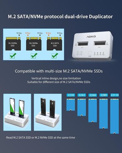 AOKO M.2 NVMe & SATA SSD Cloner,M.2 Duplicator 2-Bay NVMe Reader/Enclosure,SSD to USB Adapter M.2 Docking Station for M KeyPCIE NVMe SSD and B&M Key SATA SSD（NGFF）,Offline Cloning, Tool-Free in Kuwait