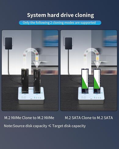 AOKO M.2 NVMe & SATA SSD Cloner,M.2 Duplicator 2-Bay NVMe Reader/Enclosure,SSD to USB Adapter M.2 Docking Station for M KeyPCIE NVMe SSD and B&M Key SATA SSD（NGFF）,Offline Cloning, Tool-Free in Kuwait