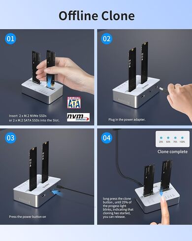 AOKO M.2 NVMe & SATA SSD Cloner,M.2 Duplicator 2-Bay NVMe Reader/Enclosure,SSD to USB Adapter M.2 Docking Station for M KeyPCIE NVMe SSD and B&M Key SATA SSD（NGFF）,Offline Cloning, Tool-Free in Kuwait