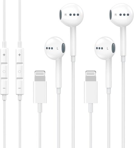 [معتمد من Apple MFi] سماعات رأس iPhone سلكية، قطعتان من سماعات الأذن السلكية مع ميكروفون مدمج وتحكم في مستوى الصوت، سماعات HiFi ستيريو لتقليل الضوضاء لهاتف iPhone 14 13 12 11 Pro Max XS XR X 8 in Kuwait