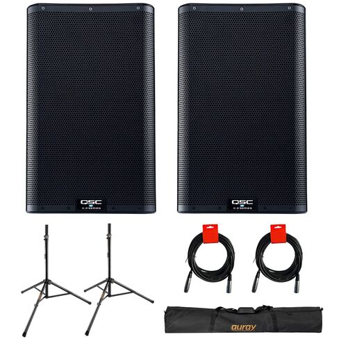 QSC K10.2 Active 10" Powered 2000 Watt PA Loudspeaker (Pair) Bundle with Auray SS-47S-PB Speaker Stand with Carrying Case and XLR-XLR Cable in Kuwait