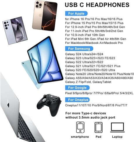 USB C Headphones for Samsung Galaxy S24 S23Ultra FE S22, USB C Earphones Wired with Mic Stereo Type C Headphones Magnetic in-Ear Type C Earbuds for Galaxy A55 A16 A35 ipad iPhone 16 15 in Kuwait