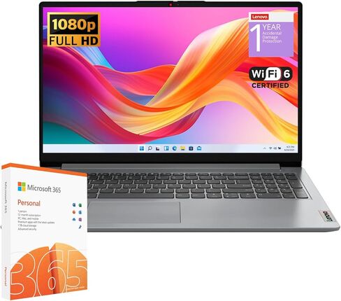 Lenovo IdeaPad 1 Student Laptop, Intel Dual Core Processor, 12GB RAM, 256GB SSD + 128GB eMMC, 15.6" FHD Display, 1 Year Office 365, W11H, Wi-Fi 6, SD Card Reader, Grey, Additional 1 Yr ADP in Kuwait