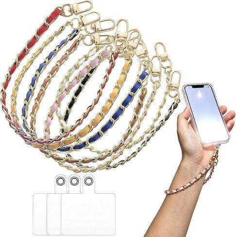 7 Pcs Cute Phone Wrist Strap Set - Gold Metal Chain Leather Wristlet for Cellphone, Lanyard Charm for iPhone Samsung, Anti-Drop Hand Strap for Women in Kuwait