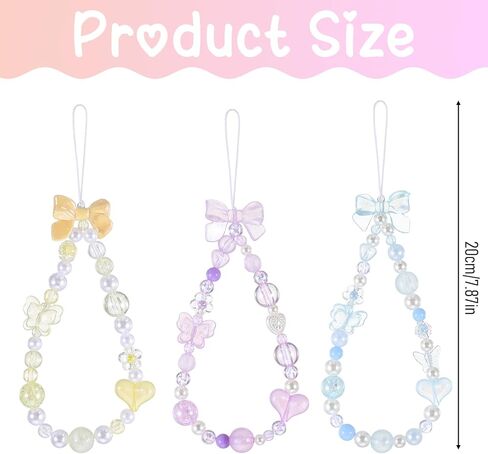 Beaded Phone Charm Lanyard Wrist Strap Cute Bow Butterfly Love Heart Flower Beaded Charm Phone Bracelet Keychain Cellphone Charms Strap for Women, Blue, Purple, Yellow in Kuwait