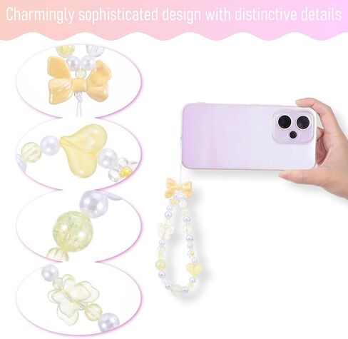 Beaded Phone Charm Lanyard Wrist Strap Cute Bow Butterfly Love Heart Flower Beaded Charm Phone Bracelet Keychain Cellphone Charms Strap for Women, Blue, Purple, Yellow in Kuwait