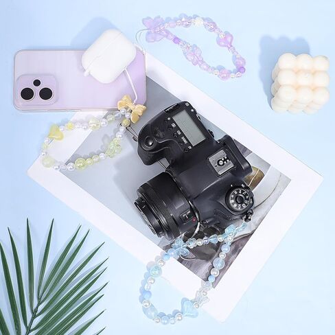 Beaded Phone Charm Lanyard Wrist Strap Cute Bow Butterfly Love Heart Flower Beaded Charm Phone Bracelet Keychain Cellphone Charms Strap for Women, Blue, Purple, Yellow in Kuwait
