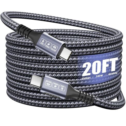 كابل USB C إلى USB C بطول 20 قدمًا، شحن سريع 240 وات PD، نقل بيانات 20 جيجابت في الثانية، كابل فيديو 4K@60 هرتز، سلك شاحن متين من النايلون المضفر من النوع C متوافق مع iPhone 17/16/15، MacBook، iPad، شاشة محمولة in Kuwait