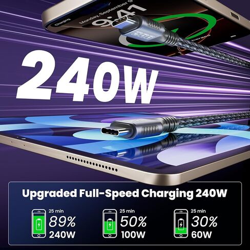 كابل USB C إلى USB C بطول 20 قدمًا، شحن سريع 240 وات PD، نقل بيانات 20 جيجابت في الثانية، كابل فيديو 4K@60 هرتز، سلك شاحن متين من النايلون المضفر من النوع C متوافق مع iPhone 17/16/15، MacBook، iPad، شاشة محمولة in Kuwait