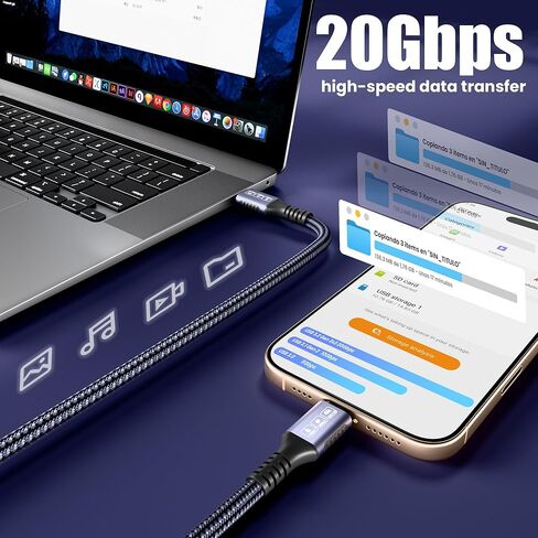كابل USB C إلى USB C بطول 20 قدمًا، شحن سريع 240 وات PD، نقل بيانات 20 جيجابت في الثانية، كابل فيديو 4K@60 هرتز، سلك شاحن متين من النايلون المضفر من النوع C متوافق مع iPhone 17/16/15، MacBook، iPad، شاشة محمولة in Kuwait