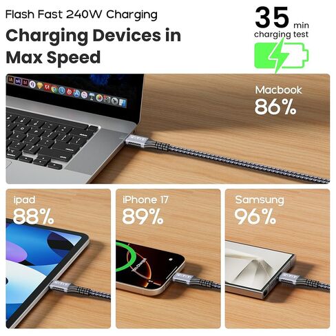 كابل USB C إلى USB C بطول 20 قدمًا، شحن سريع 240 وات PD، نقل بيانات 20 جيجابت في الثانية، كابل فيديو 4K@60 هرتز، سلك شاحن متين من النايلون المضفر من النوع C متوافق مع iPhone 17/16/15، MacBook، iPad، شاشة محمولة in Kuwait