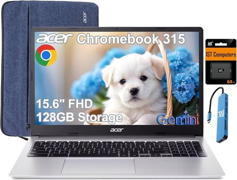 كمبيوتر محمول Acer Chromebook 315 (15.6 بوصة FHD، Intel Celeron N4500، ذاكرة وصول عشوائي 4 جيجابايت، تخزين 128 جيجابايت (64 جيجابايت eMMC + بطاقة SD 64 جيجابايت) للمنزل والطلاب، عمر بطارية طويل، لوحة مفاتيح رقمية، واي فاي، كاميرا ويب، IST Hub، نظام تشغيل  in Kuwait
