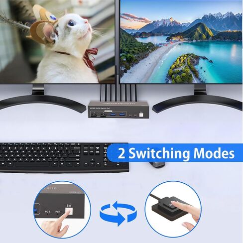 Dual Monitor HDMI KVM Switch 2 Monitors 2 Computers 4K 60Hz HD USB3.0 Switcher for 2PC or 2Laptops Share 2 Monitors and 4 USB Ports Keyboard Mouse Printer Scanner Support Multiple Monitors in Kuwait