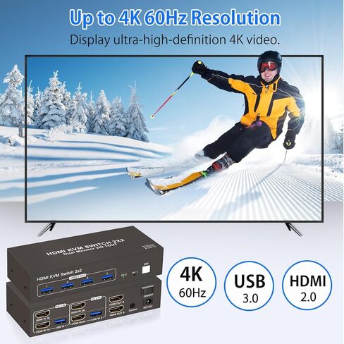 Dual Monitor HDMI KVM Switch 2 Monitors 2 Computers 4K 60Hz HD USB3.0 Switcher for 2PC or 2Laptops Share 2 Monitors and 4 USB Ports Keyboard Mouse Printer Scanner Support Multiple Monitors in Kuwait