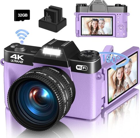 كاميرا رقمية 4K للتصوير الفوتوغرافي والمدونات، كاميرا يوتيوب 56 ميجابكسل مع واي فاي، شاشة قابلة للطي 3 بوصات 180 درجة، تكبير رقمي 16X، زاوية واسعة 52 مم وعدسة ماكرو، بطاقة TF 32 جيجابايت، بطاريتان - أسود in Kuwait