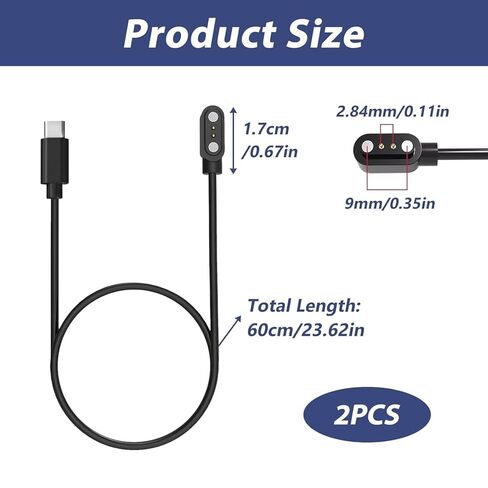 قطعتان من شاحن الساعات الذكية USB C، كابل شحن مغناطيسي للساعة الذكية 2 دبوس 2.84 مم، سلك شاحن بديل متوافق مع Letsfit، YAMAY، Willful، UMIDIGI، Fitpolo، Blackview، Dirrelo، Lifebee in Kuwait