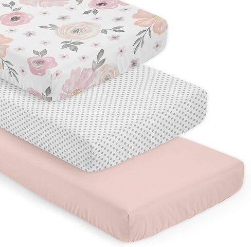 Sweet Jojo Designs Pink and Grey Baby Girl Fitted Mini Portable Crib Sheet Watercolor Floral Collection - for Mini Crib or Pack and Play ONLY in Saudi Arabia