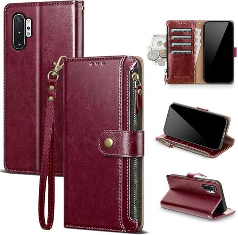 Compatible with Samsung Galaxy Note 10+ Plus Wallet Case with Card Holder RFID Blocking Zipper PU Leather Phone Case Flip Protective Cover Wrist Strap Credit Card Slots Men Women,Wine Red in Saudi Arabia