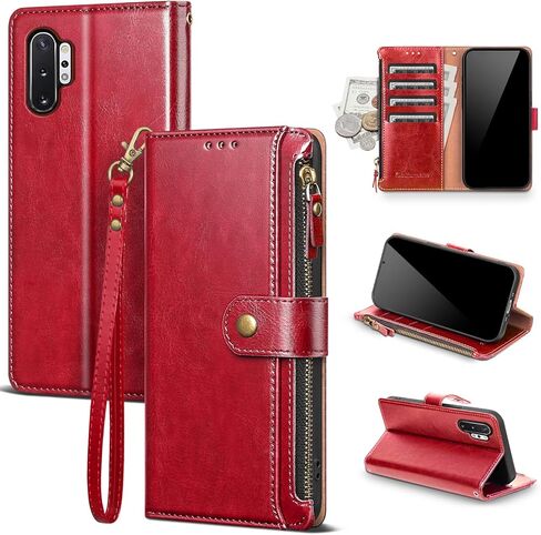 Compatible with Samsung Galaxy Note 10+ Plus Wallet Case with Card Holder RFID Blocking Zipper PU Leather Phone Case Flip Protective Cover Wrist Strap Credit Card Slots Men Women,Wine Red in Saudi Arabia