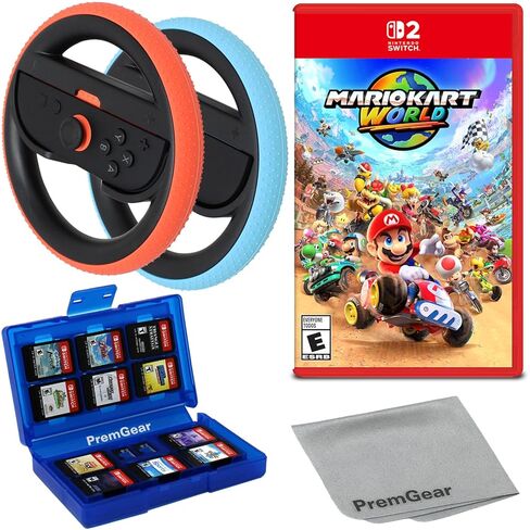 لعبة Mario Kart World لجهاز Nintendo SWITCH 2، مع عجلات قيادة PremGear Racing، ومقابض القيادة لوحدات تحكم Joy-Con (عبوتان)، وحامل بطاقات ألعاب 24 فتحة وقطعة قماش للتنظيف in Kuwait