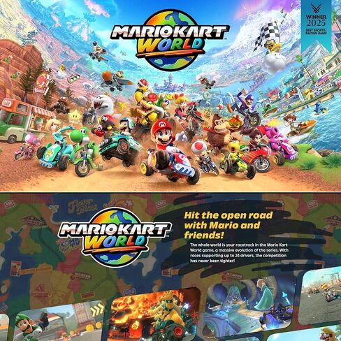لعبة Mario Kart World لجهاز Nintendo SWITCH 2، مع عجلات قيادة PremGear Racing، ومقابض القيادة لوحدات تحكم Joy-Con (عبوتان)، وحامل بطاقات ألعاب 24 فتحة وقطعة قماش للتنظيف in Kuwait