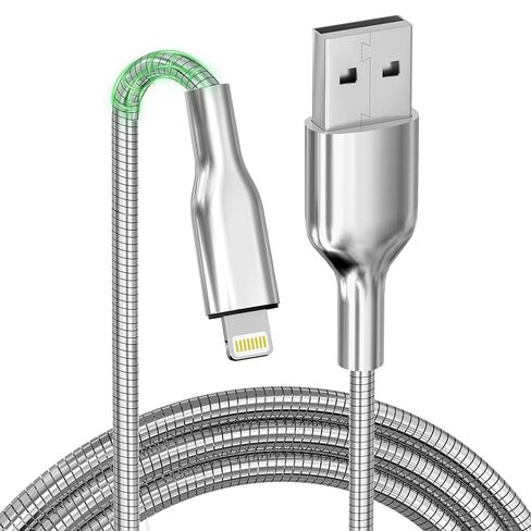 كابل USB إلى Lightning مقاوم للمضغ بطول 6.6 أقدام، كابل شحن iPhone مقاوم للقطط والكلاب، سلك شاحن iPhone فضي معدني معتمد من MFi، شحن سريع، متوافق مع iPhone 14/13/12/11/8/7/6/XS/XR/X in Kuwait