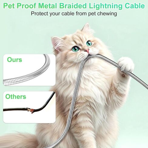 كابل USB إلى Lightning مقاوم للمضغ بطول 6.6 أقدام، كابل شحن iPhone مقاوم للقطط والكلاب، سلك شاحن iPhone فضي معدني معتمد من MFi، شحن سريع، متوافق مع iPhone 14/13/12/11/8/7/6/XS/XR/X in Kuwait