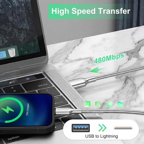كابل USB إلى Lightning مقاوم للمضغ بطول 6.6 أقدام، كابل شحن iPhone مقاوم للقطط والكلاب، سلك شاحن iPhone فضي معدني معتمد من MFi، شحن سريع، متوافق مع iPhone 14/13/12/11/8/7/6/XS/XR/X in Kuwait