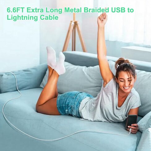 كابل USB إلى Lightning مقاوم للمضغ بطول 6.6 أقدام، كابل شحن iPhone مقاوم للقطط والكلاب، سلك شاحن iPhone فضي معدني معتمد من MFi، شحن سريع، متوافق مع iPhone 14/13/12/11/8/7/6/XS/XR/X in Kuwait