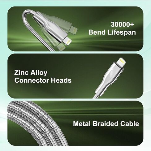 كابل USB إلى Lightning مقاوم للمضغ بطول 6.6 أقدام، كابل شحن iPhone مقاوم للقطط والكلاب، سلك شاحن iPhone فضي معدني معتمد من MFi، شحن سريع، متوافق مع iPhone 14/13/12/11/8/7/6/XS/XR/X in Kuwait