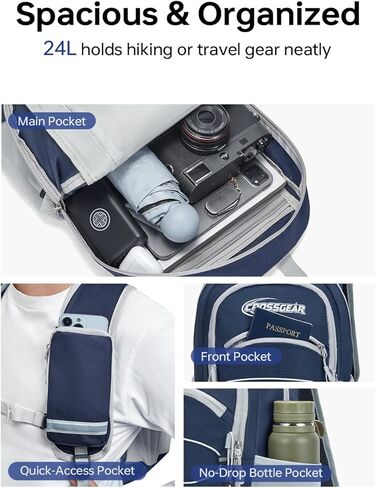 CROSSGEAR 24L Packable Backpack, Lightweight Hiking Daypack, Multiple & RFID Pocket, Water-Resistant Foldable Hiking Backpack for Women Men, Nylon Fabric for Travel Camping, Navy Blue in Saudi Arabia