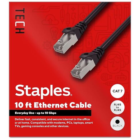 كابل إيثرنت Staples TECH Cat 7، بطول 10 أقدام، أسود، سلك توصيل شبكة عالي السرعة، RJ45 ذكر إلى ذكر لجهاز التوجيه/الكمبيوتر الشخصي in Kuwait