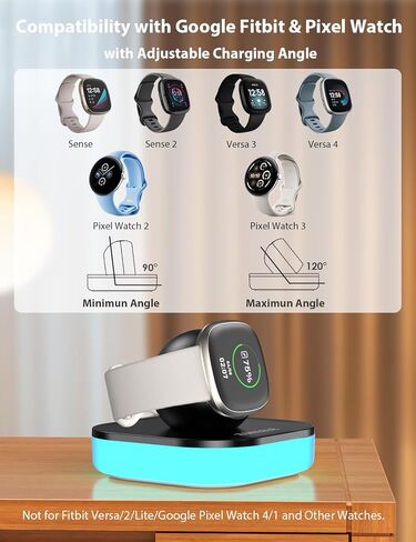 قاعدة شحن لساعة Fitbit Versa 4/ Fitbit Versa 3/Fitbit Sense 2/Fitbit Sense/Google Pixel Watch 3/Google Pixel Watch 2، ملحقات بديلة للشحن المغناطيسي مع ضوء وكابل USB A-C بطول 3.3أقدام in Kuwait